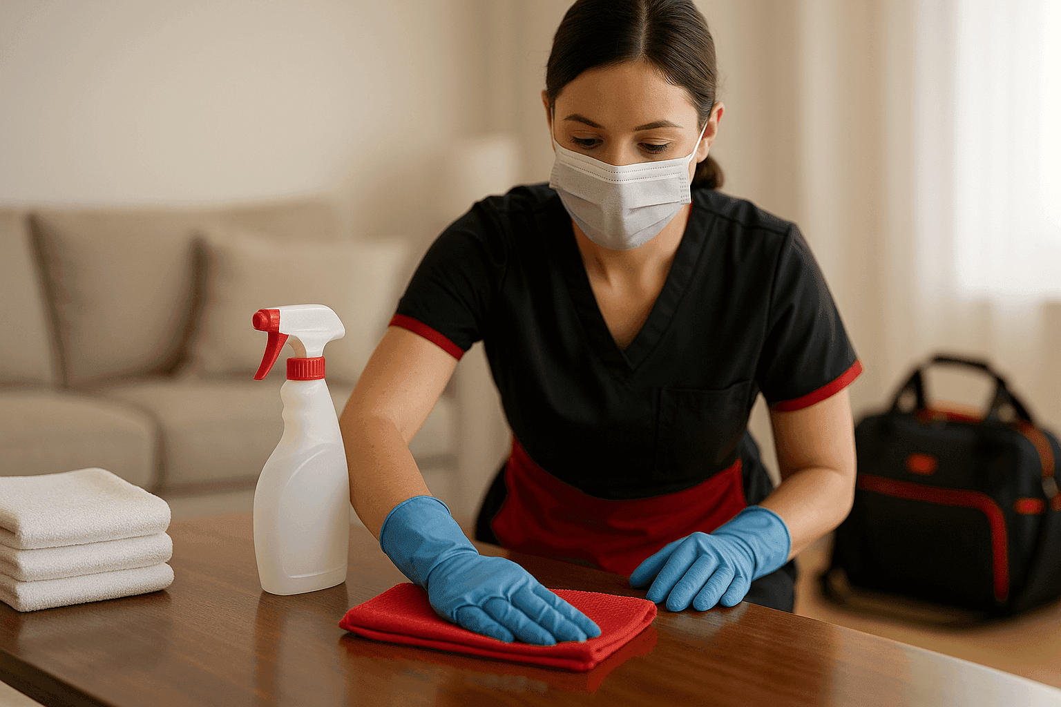 Professional maid wearing gloves and mask cleaning polished wood in bright living room
